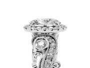 Oval Cut Diamond Halo Ring Set in Platinum with Milgrain Pavé Band and Prong Setting