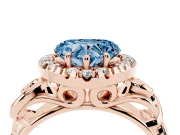 Fancy Blue Heart Cut Diamond Halo Ring Set in Rose gold with Scrollwork Band and Prong Setting
