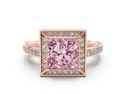 Fancy Pink Princess Cut Diamond Halo Pavé Split Shank Ring Set in Rose gold with Prong Setting