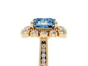 Fancy Blue Princess Cut Diamond Halo Milgrain Pavé Ring Set in Yellow gold with Prong Setting