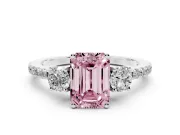 Emerald Cut Three Stone Engagement Ring Setting for a Fancy Pink Lab-Grown Diamond | Pave Shoulders | Sterling Silver