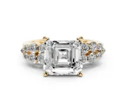Asscher Cut Side Stone Engagement Ring Setting | Two-Row Shoulder Clusters | Yellow Gold