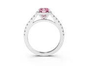 Fancy Pink Cushion Cut Diamond Halo Engagement Ring Set in Platinum with Pavé Band and Prong Setting