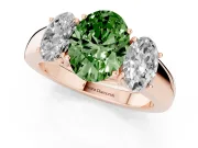 Fancy Green Three-Stone Oval Cut Diamond Ring Set in Rose gold with Matching Prong Settings and Plain Band