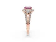 Fancy Pink Asscher Cut Diamond Halo Split Shank Engagement Ring Set in Rose gold with Prong-Held Center Stone