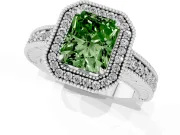 Fancy Green Radiant Cut Diamond Halo Ring Set in White gold with Round Accent Halo, Pavé Band and Prong Setting