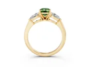Fancy Green Three-Stone Emerald Cut Diamond Ring Set in Yellow gold with Pear Side Stones and Prong Setting