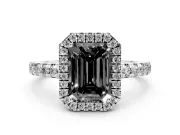 Fancy Black Emerald Cut Diamond Halo Ring Set in Platinum with Delicate Pavé Band and Prong Setting