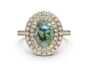 Fancy Green Oval Lab-Grown Diamond Double Halo Statement Ring Set in Yellow Gold with Pavé Band