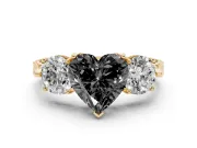 Fancy Black Heart Cut Diamond Three-Stone Ring Set in Yellow gold with Milgrain Band