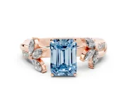 Fancy Blue Emerald Cut Diamond Floral Vine Solitaire Engagement Ring Set in Rose gold with Marquise Leaves