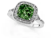 Fancy Green Cushion Cut Diamond Halo Engagement Ring Set in Platinum with Milgrain Pavé Band