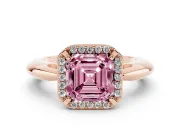 Fancy Pink Asscher Cut Diamond Halo Engagement Ring Set in Rose gold with Plain Split Shank and Prong Setting