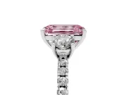 Emerald Cut Three Stone Engagement Ring Setting for a Fancy Pink Lab-Grown Diamond | Pave Shoulders | Sterling Silver