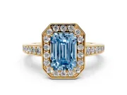 Fancy Blue Emerald Cut Diamond Halo Pavé Engagement Ring Set in Yellow gold with Bezel Setting