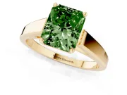 Fancy Green Radiant Cut Diamond Solitaire Engagement Ring Set in Yellow gold with Prong Setting and Tapered Band