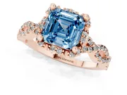 Fancy Blue Asscher Cut Diamond Halo Twist Band Solitaire Ring Set in Rose gold with Prong-Set Center Stone