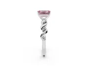 Fancy Pink Emerald Cut Diamond Solitaire Ring Set in White gold with Ribbon Twist Band, Round Accents and Prong Setting