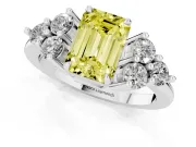 Fancy Yellow Emerald Cut Diamond Solitaire Ring Set in Platinum with Cluster Accents on Each Side