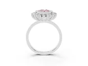 Fancy Pink Oval Cut Diamond Halo Ring Set in Platinum with Milgrain Edge and Round Prong Setting