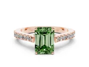Fancy Green Emerald Cut Diamond Solitaire Engagement Ring Set in Rose gold with Delicate Pavé Band and Prong Setting