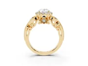 Oval Cut Diamond Halo Ring Set in Yellow gold with Milgrain Pavé Band and Prong Setting