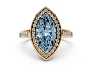 Fancy Blue Marquise Cut Diamond Halo Solitaire Ring Set in Yellow gold with Pavé Band and Bezel Setting