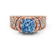 Cushion Cut Vintage Pave Engagement Ring Setting for a Fancy Blue Lab-Grown Diamond | Milgrain Edges | Rose Gold