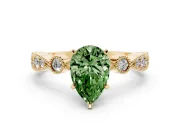 Fancy Green Pear Cut Diamond Solitaire Engagement Ring Set in Yellow gold with Milgrain Bezel Accent Band