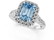 Emerald Cut Halo Engagement Ring Setting for a Fancy Blue Lab-Grown Diamond | Shared Prong Shoulders | Sterling Silver