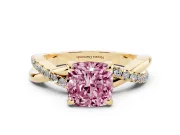 Fancy Pink Cushion Cut Diamond Twist Band Solitaire Set in Yellow gold with Pavé Accents and Prong Setting
