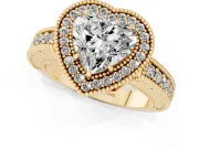 Heart Cut Diamond Halo Ring Set in Yellow gold with Round Accent Halo, Pavé Band and Prong Setting