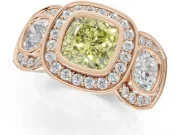Cushion Cut Three Stone Halo Engagement Ring Setting for a Fancy Yellow Lab-Grown Diamond | Bezel Set | Rose Gold