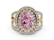 Oval Double Halo Split Shank Engagement Ring Setting for a Fancy Pink Lab-Grown Diamond | Pave Strands | Yellow Gold
