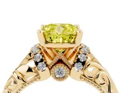Fancy Yellow Cushion Cut Diamond Filigree Halo Engagement Ring Set in Yellow gold with Prong Setting