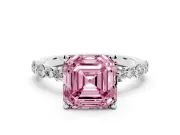 Fancy Pink Asscher Cut Diamond Prong Set Engagement Ring Set in Silver with Round Accent Pavé Band
