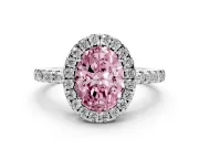 Fancy Pink Oval Cut Diamond Pavé Band Halo Engagement Ring Set in Silver with Prong Setting