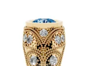 Fancy Blue Round Cut Diamond Bezel Ring Set in Yellow gold with Milgrain Accent Band