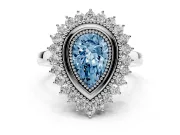 Fancy Blue Pear Cut Diamond Halo Ring Set in White gold with Milgrain Edge and Round Prong Setting