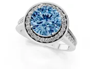 Fancy Blue Round Cut Diamond Halo Solitaire Ring Set in Silver with Pavé Band and Bezel Setting
