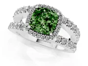 Fancy Green Cushion Cut Diamond Halo Ring Set in Silver with Pavé Split Shank and Prong Setting