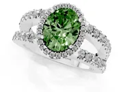 Fancy Green Oval Cut Diamond Halo Ring Set in Silver with Pavé Split Shank and Prong Setting