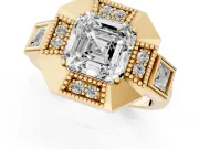 Asscher Cut Milgrain Sectioned Halo Engagement Ring Setting | Square-Framed Sides | Yellow Gold