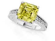 Fancy Yellow Asscher Cut Diamond Solitaire Pavé Milgrain Engagement Ring Set in White gold with Prong Setting
