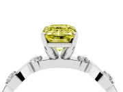 Fancy Yellow Emerald Cut Diamond Solitaire Ring Set in Silver with Ribbon Twist Band, Round Accents and Prong Setting