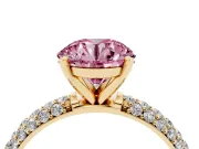 Fancy Pink Round Cut Diamond Solitaire Ring Set in Yellow gold with Prong Setting and Pavé-Set Band