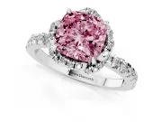 Fancy Pink Cushion Cut Diamond Halo Pavé Band Ring Set in White gold with Prong-Held Center