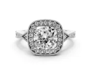 Cushion Cut Vintage Milgrain Halo Engagement Ring Setting | Graduated Pavé Band | Platinum