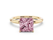 Fancy Pink Princess Cut Diamond Solitaire Ring Set in Yellow gold with Thin Band and Prong Setting
