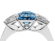 Emerald Cut Three Stone Engagement Ring Setting for a Fancy Blue Lab-Grown Diamond | Basket Prong Heads | White Gold